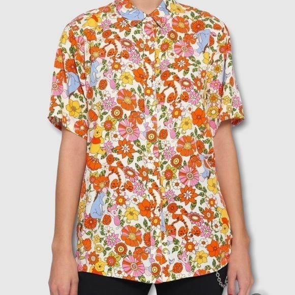 𝅺Disney Winnie The Pooh Floral Button Up Shirt Orange NWT - Picture 1 of 15